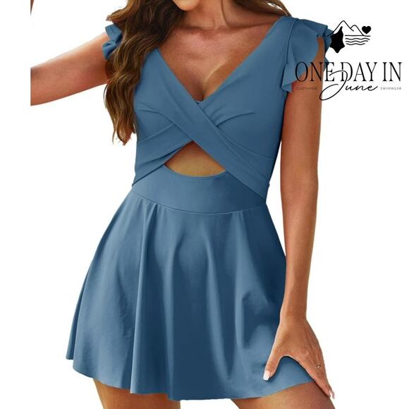 CharmLeaks Cross Front Cut Out Ruffle Swimdress One Piece Swimsuit Size XL - Picture 1 of 7